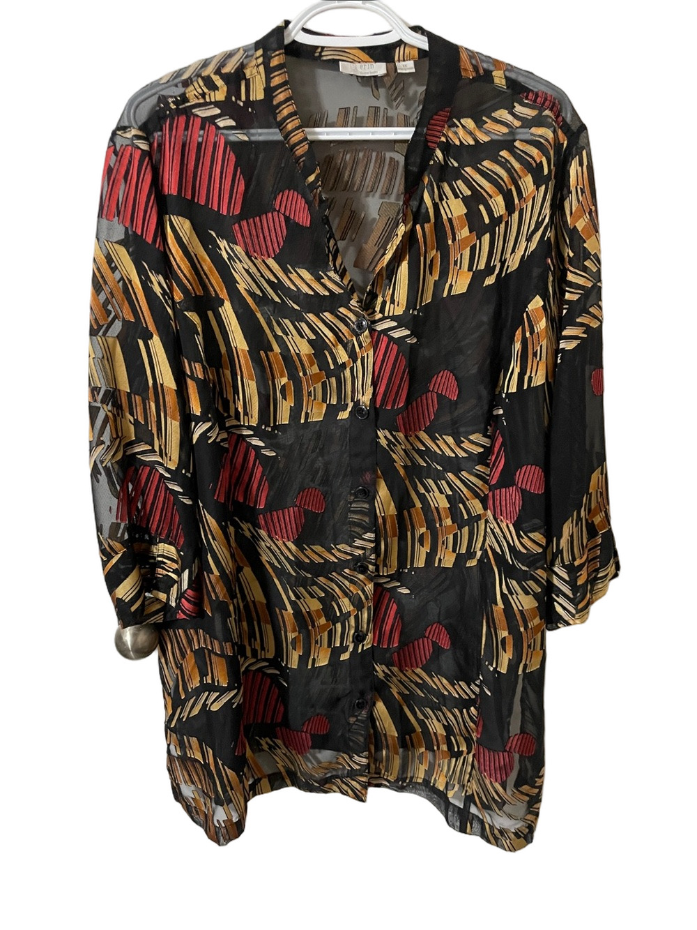Erin London Black Sheer Button-Front Tunic with Red and Gold Print Size 1X